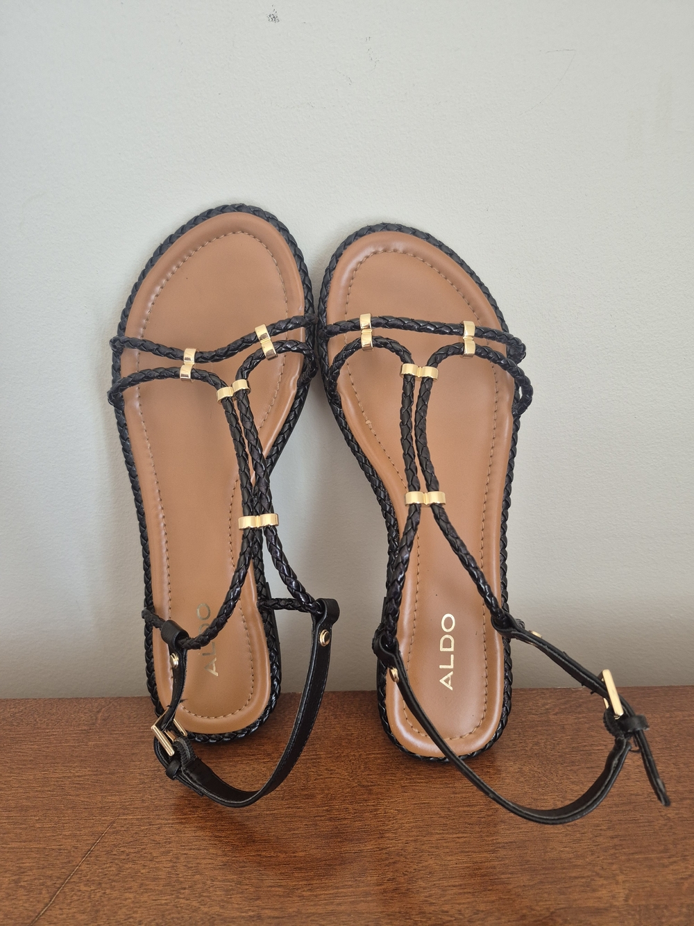 ALDO Women's Black Braided T-Strap Sandals with Gold Accents - Picture 2 of 5